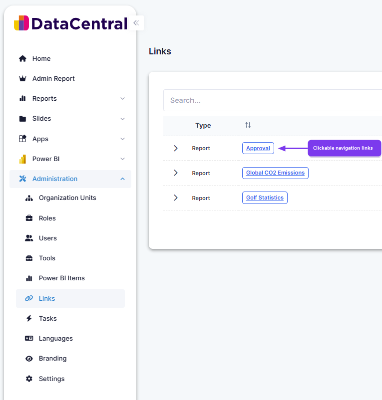 Links administration page highlighting a clickable report navigation link