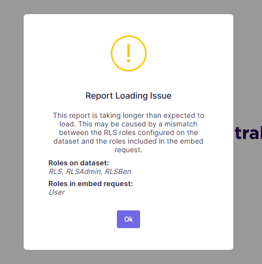 Report loading warning comparing the RLS roles on the dataset with the roles included in the embed request