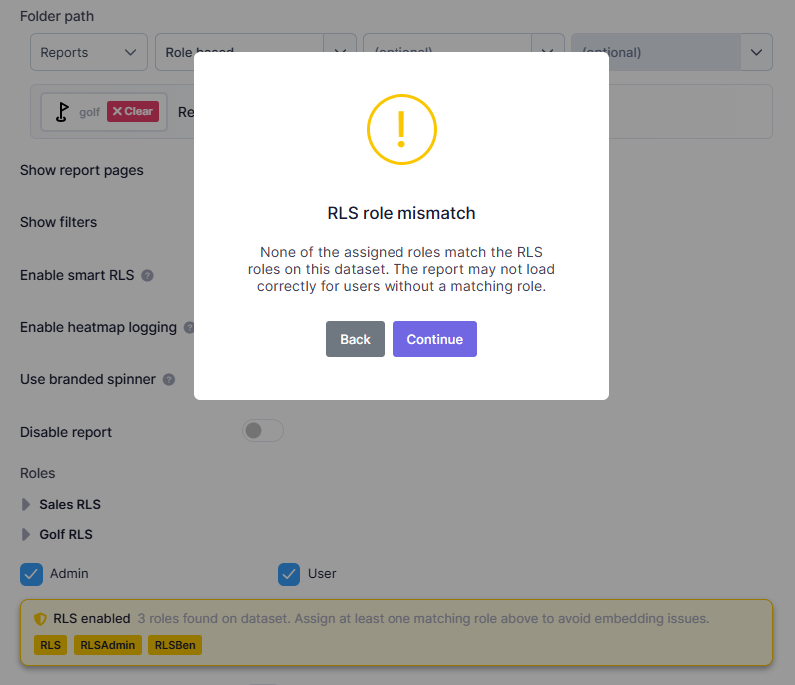 RLS role mismatch warning showing the roles found on the dataset and prompting the administrator to assign a matching role