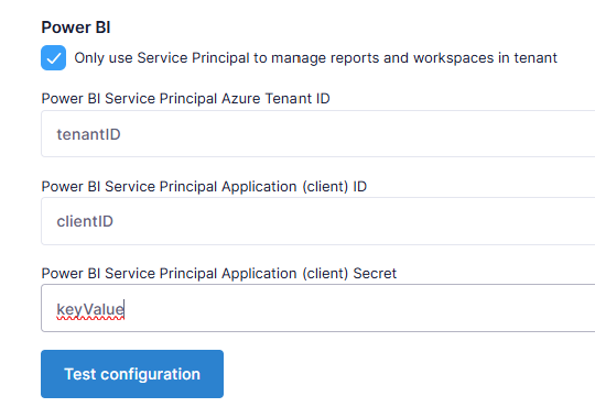 Power BI service principal settings with the new Test configuration action
