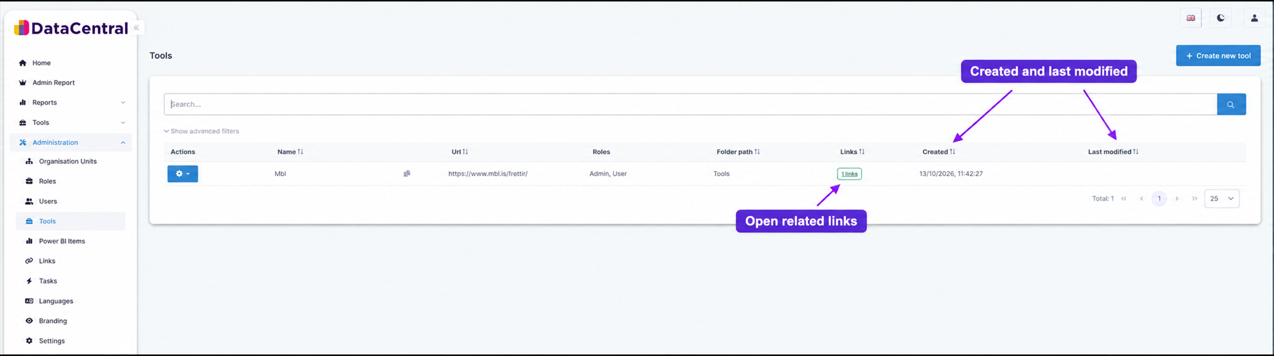 Tools administration list highlighting related-link navigation and the created and last-modified columns